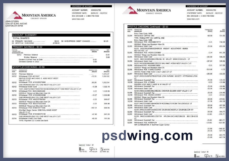 USA Mountain America Credit Union Statement (6 Pages, Word)